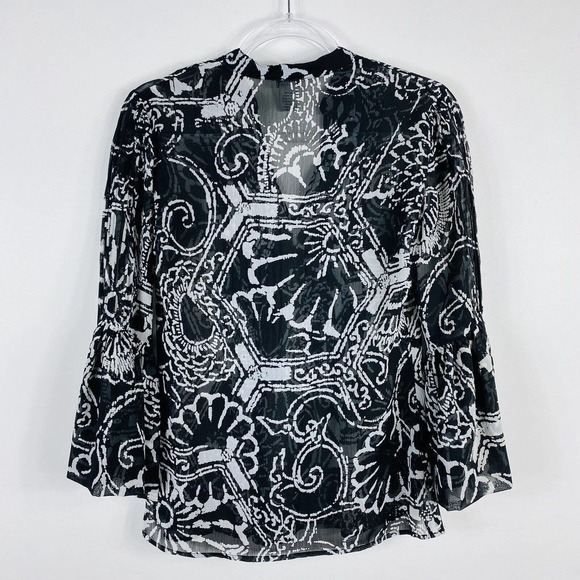 Cache Size XS Abstract Print Bell Sleeve Sheer Blouse Top Black White - Picture 2 of 5